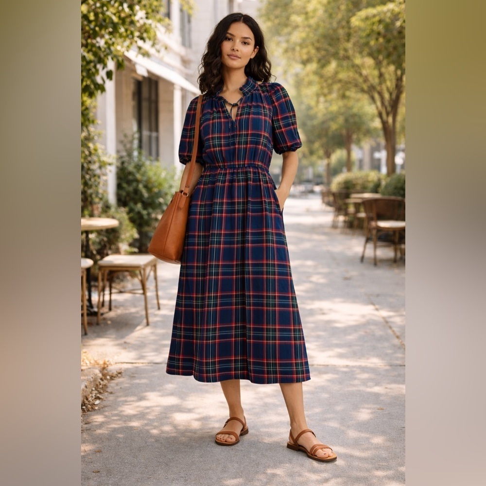 Sugarlips Miley Navy Tartan Plaid Palmer Puff Sleeve Tiered Maxi Dress Small